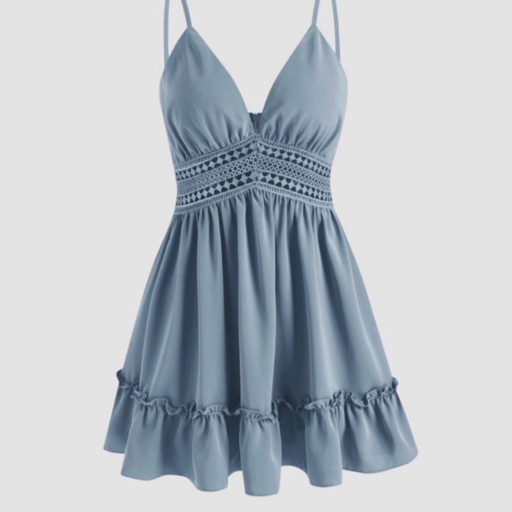 Cider Ruffle Babydoll Mini Dress Slate Blue- Medium